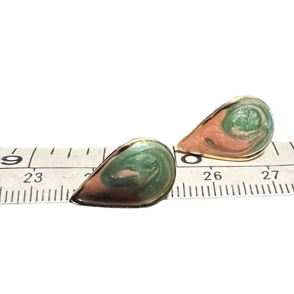 Vintage Gold-Tone Peach & Green Swirl Post Earrings, Teardrop Design - Picture 7 of 15